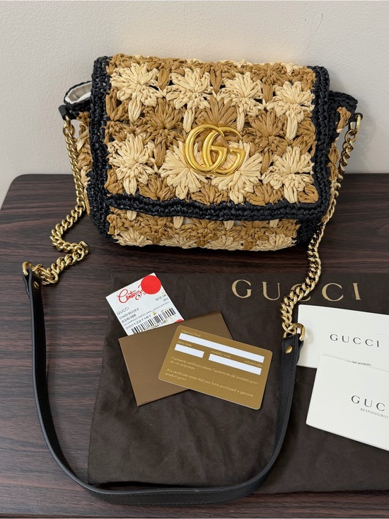 Gucci Handbags - Gucci GG Marmont Raffia Daisy Floral Mini Shoulder Bag Crossbody Beige Black